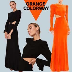 NEW $398 Mac Duggal Size 2 Orange Puff Long Bell Sleeve Cut Out Maxi Gown Dress